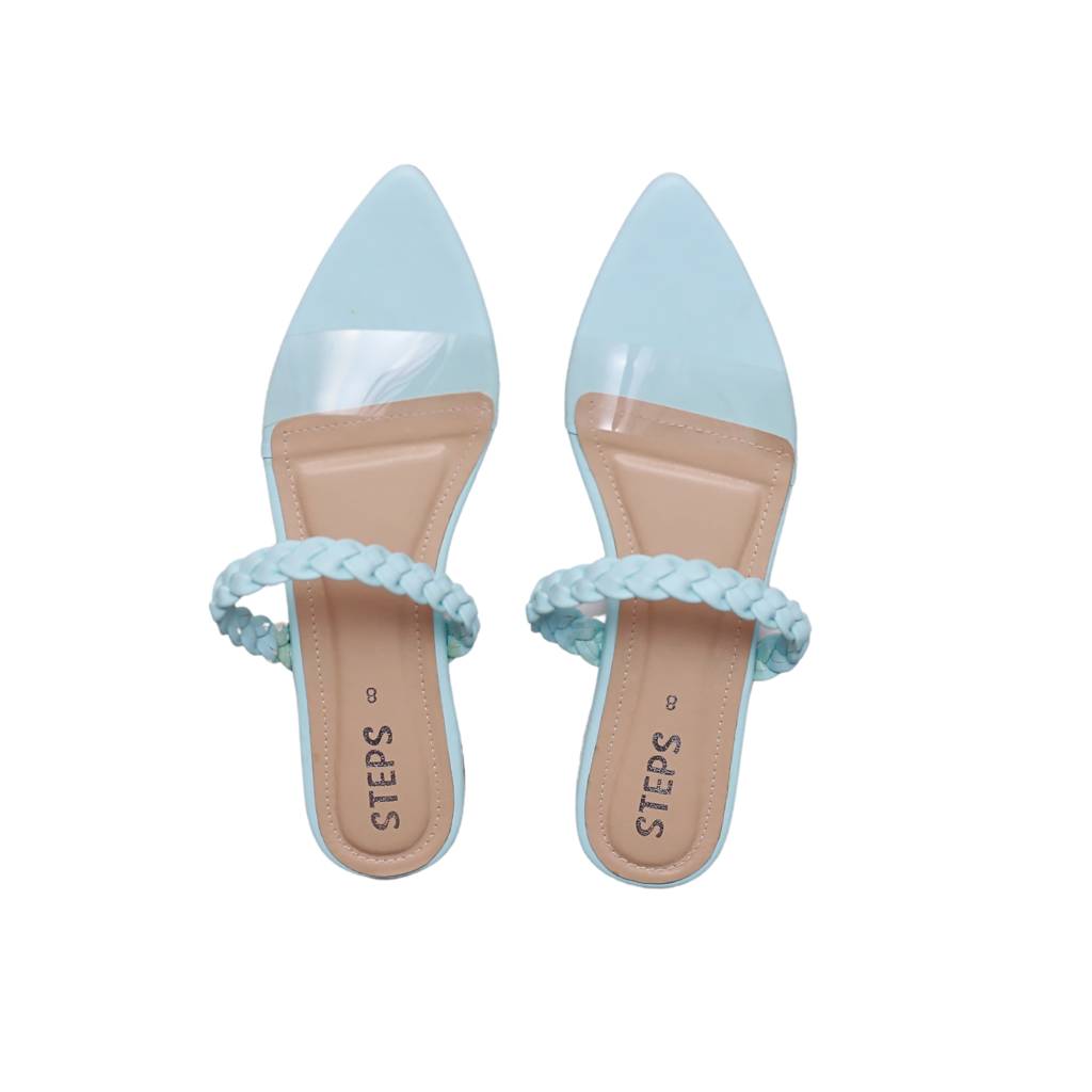 transparent blue mules