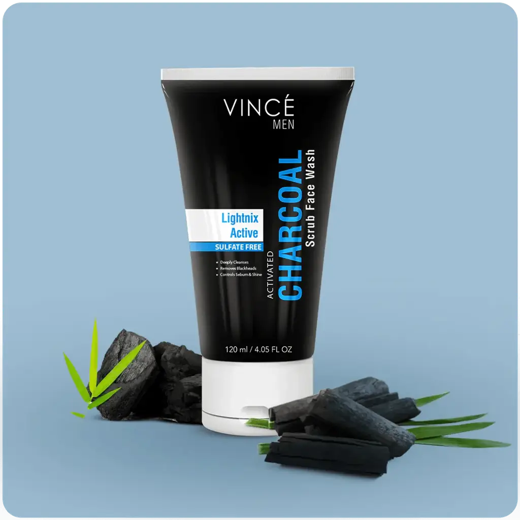 Charcoal Scrub Facewash – Organic Cleanser for a Radiant Glow!     Vince Charcoal Scrub Face Wash is a men's skincare product that deeply cleanses, exfoliates, and purifies skin. It is blended with activated charcoal and absorbs impurities leaving yo